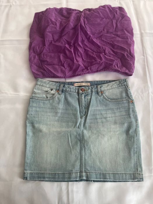 Fusta blugi mini + bluză fără bretele