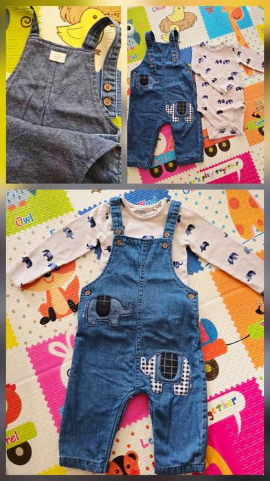 Комплект подплатен дънков гащеризон и боди с дълъг ръкав 6-9м. NEXT