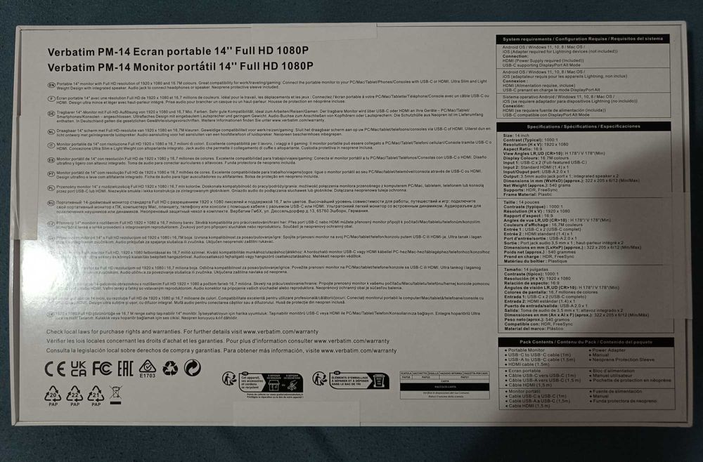 Monitor portabil Verbatim PM-14 Full HD (1920x1080)