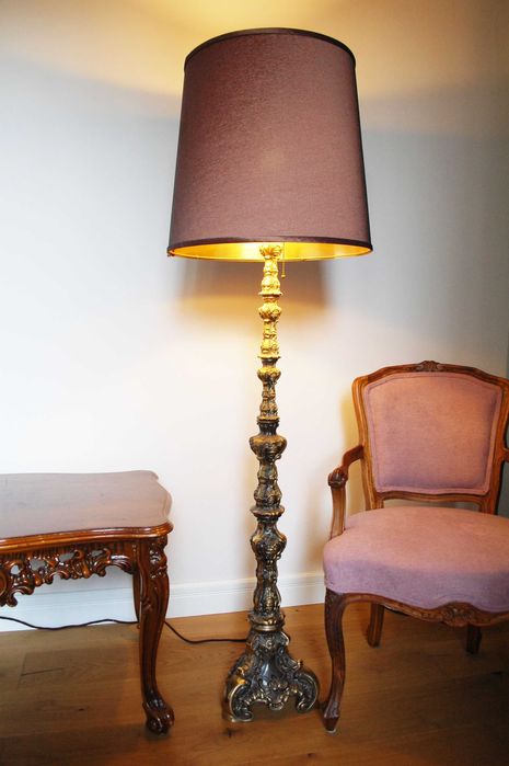 Lampadar vintage cu picior din bronz masiv & abajur modern