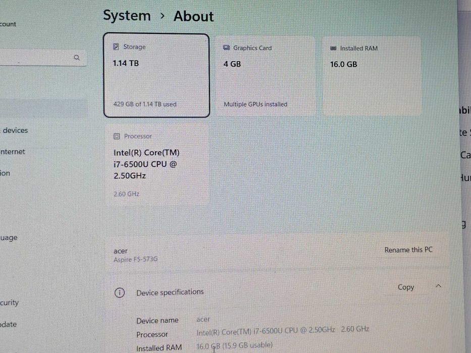 Laptop Acer Aspire F5-573G 15,6"  16GB/256GB SSD/1TB HDD