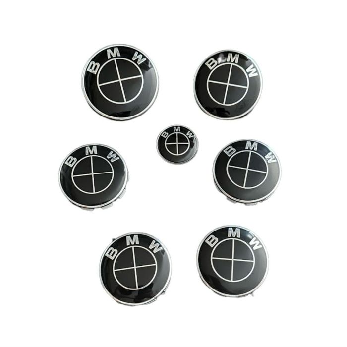 Set 7 embleme negru full BMW capota portbagat volan si jante