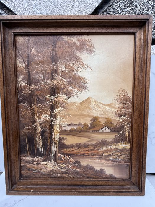 Маслена картина „Планински пейзаж“ с дървена рамка, Френски внос