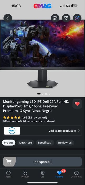 Monitor gaming Dell 27 inch, Full HD, 165hz
