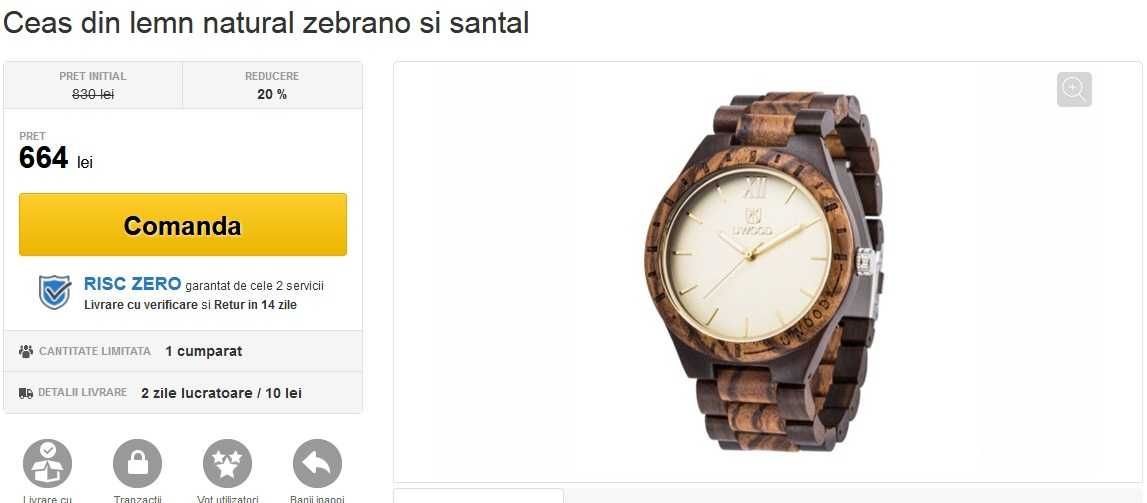 Ceas pentru Barbati din lemn Natural Zebrano+Santal