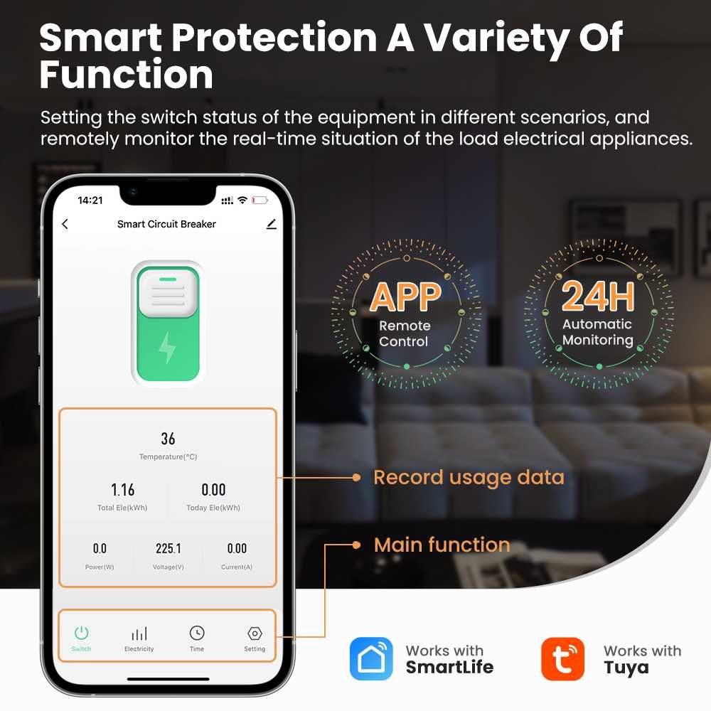 AVATTO WCB-16 WiFi смарт прекъсвач 63 A 1P+N с енергиен монитор