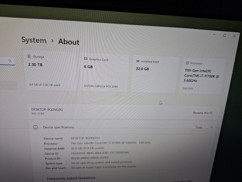 Calculator gaming I7-11700k, 32GB RAM, SSD 1 TB, RTX 2060