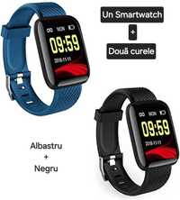 Set smartwatch pătrat+2curele: Blue-Negru. Apeluri/mesaje/notificări.