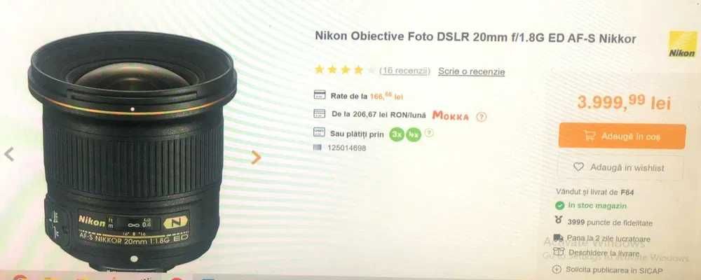 Obiectiv foto Nikon N AF-S Nikkor 20 mm f/1.8 G ED