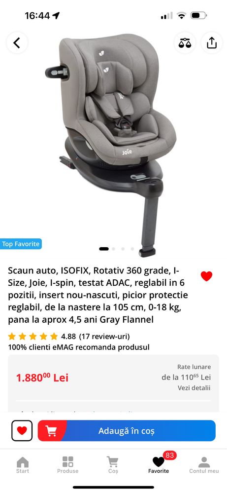 Scaun auto 0-18 kg JOIE, testat ADAC + Husa antitranspiratie CADOU