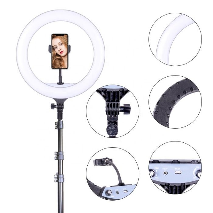Lampa circulara YQ-360A, 14 inch LED SMD, suport telefon