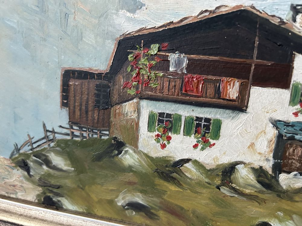 Tablou cabana pictura semnata pe placaj cu rama frumoasa 40x50cm