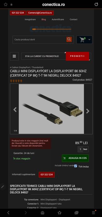 Cablu Mini DisplayPort la DisplayPort 1.4 8K 60-240HZ Display Port DEL