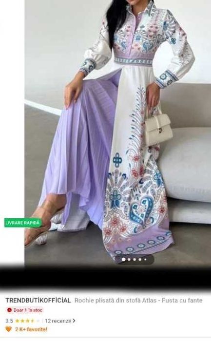 Rochie eleganta superba, alba cu model etnic violet, TrendButik, L-40