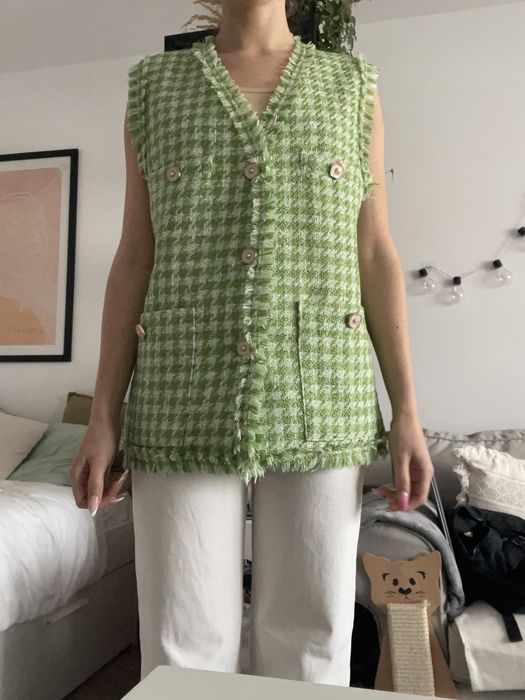 Vesta pulover Mango verde oversized tweed