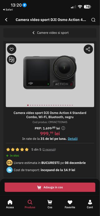 Camera video sport DJI Osmo Action 4 Standard Combo, Wi-Fi, Bluetooth