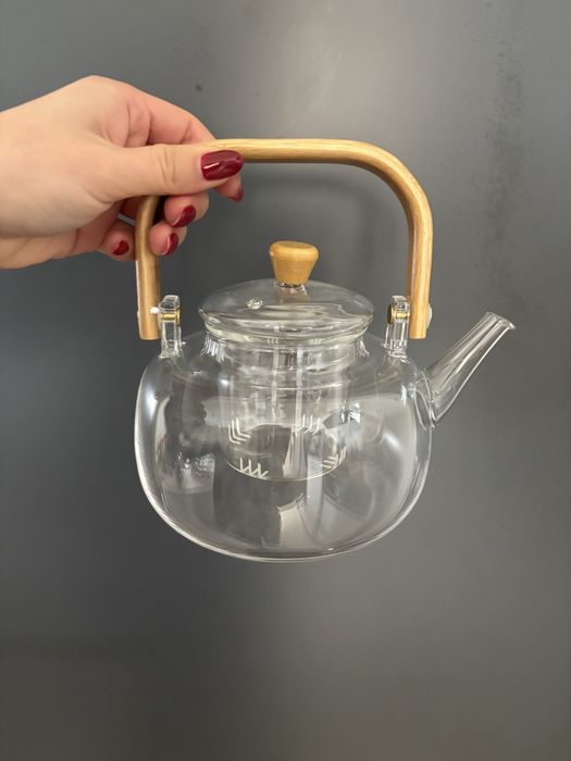 Ceainic elegant din sticla si bambus - nou - 1L