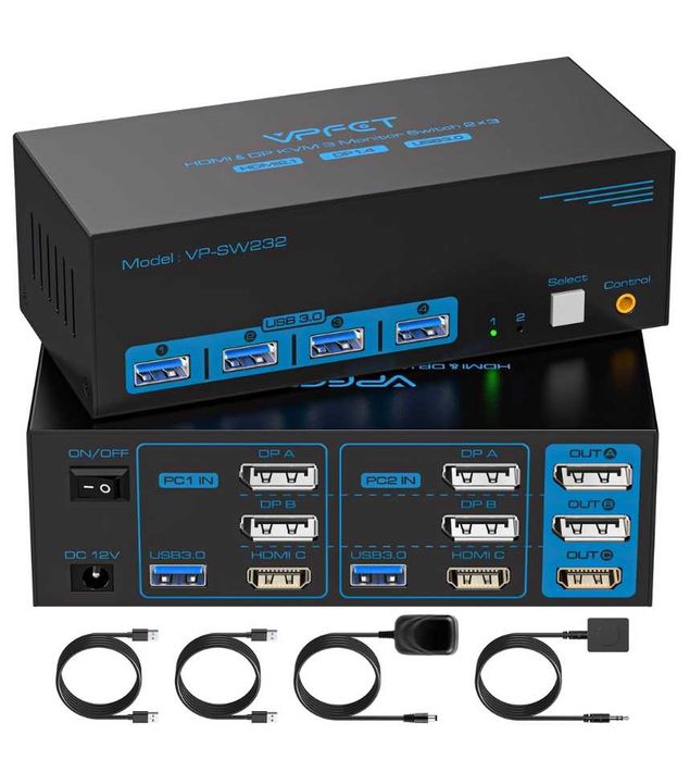 Comutator KVM 8K60Hz HDMI+2 DisplayPort pentru 2 PC-uri, 3 monitoare