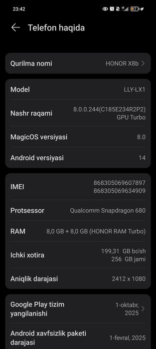 Honor x8b sotiladi 256Gb