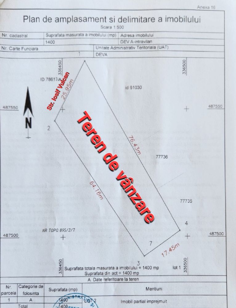 Vand teren intravilat in Deva - zona Vulcan - suprafata 1400mp/59€mp