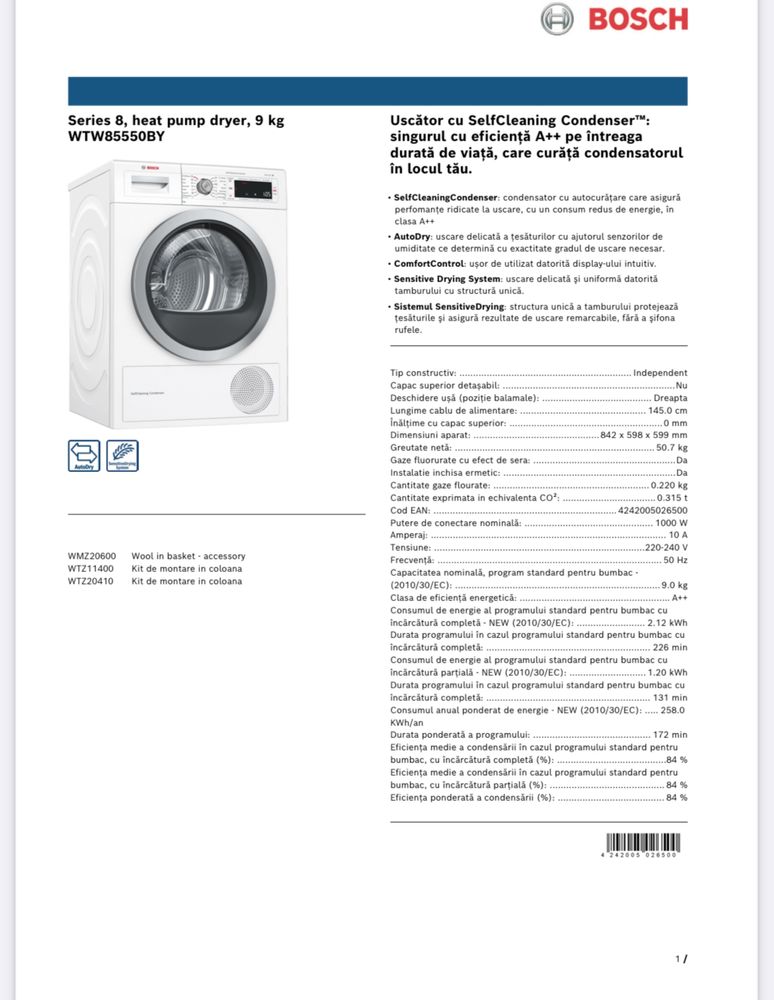 Uscator rufe Bosch de 9KG WTW85550BY/09