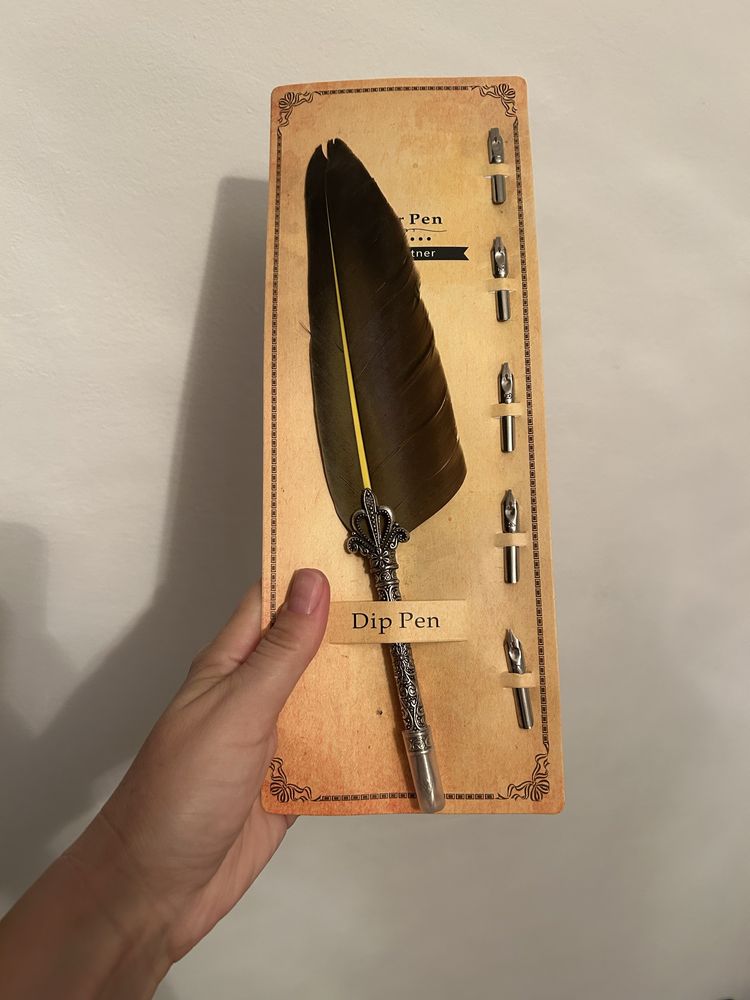 Stilou caligrafic pană naturală (quill pen) – set artistic vintage