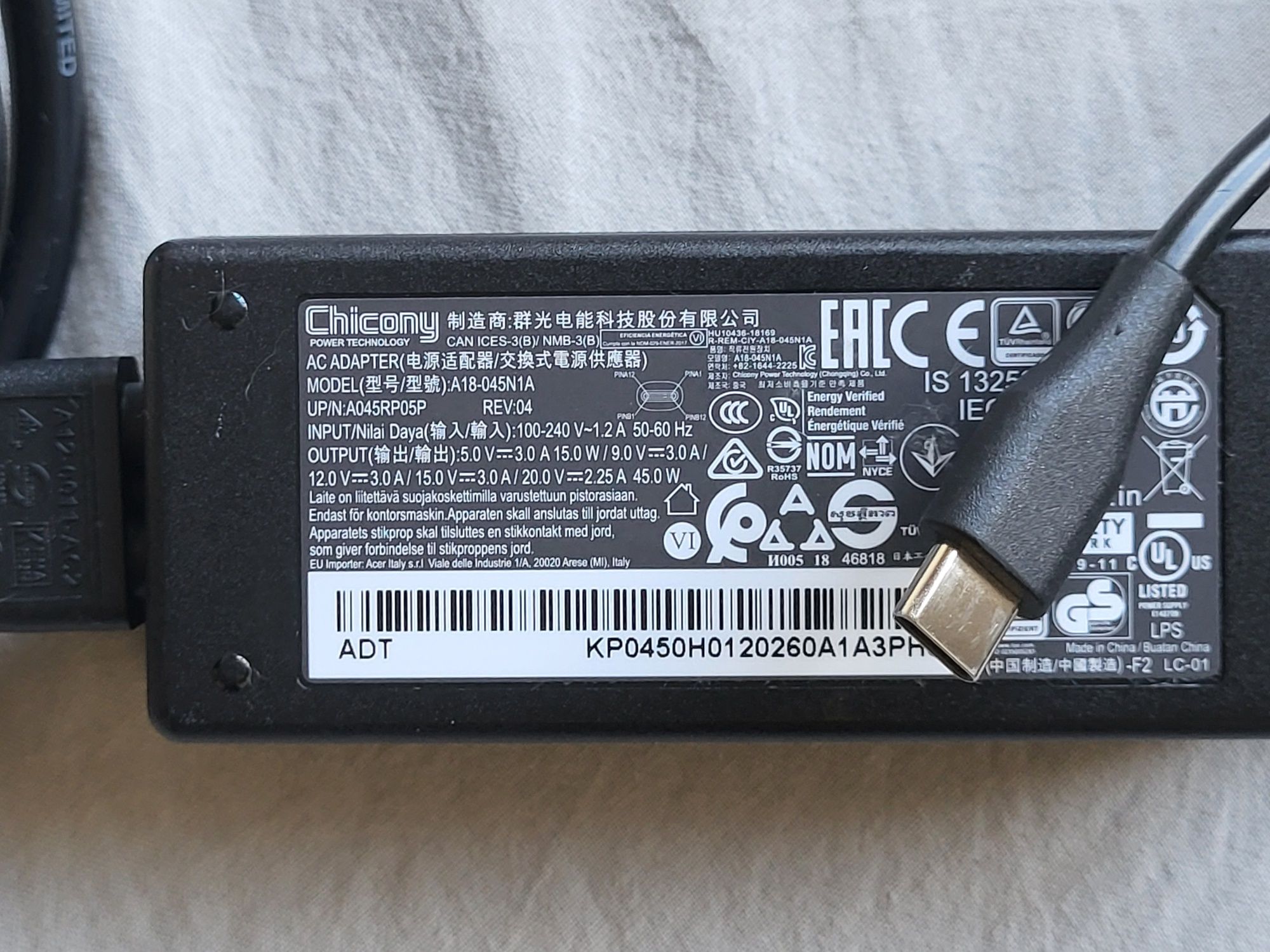 Incarcator laptop Acer chromebook USB-C 45w