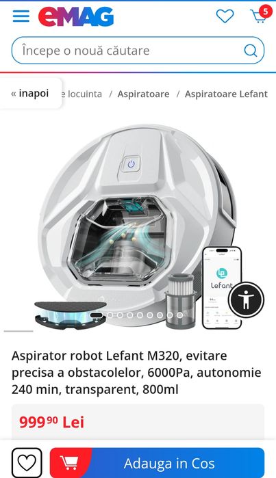 Aspirator robot Lefant M320 6000Pa, alb, SIGILAT