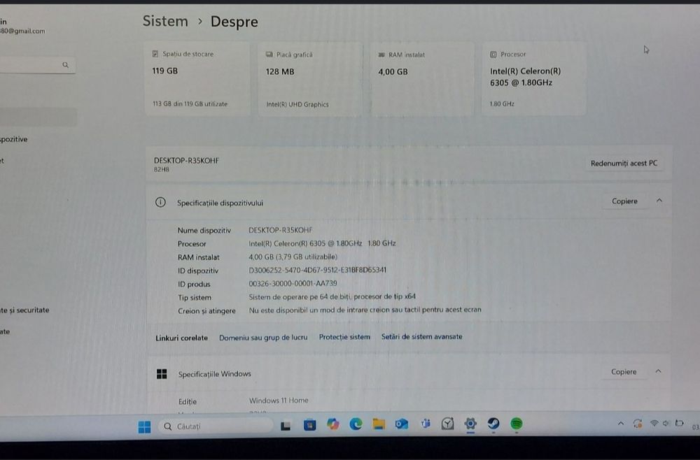 Laptop Intel Celeron, 4GB RAM, SSD 128GB, Windows 11, cu încărcător or