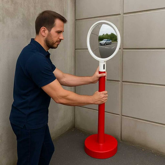 Stâlp delimitare cu suport si oglindă rutieră convexă