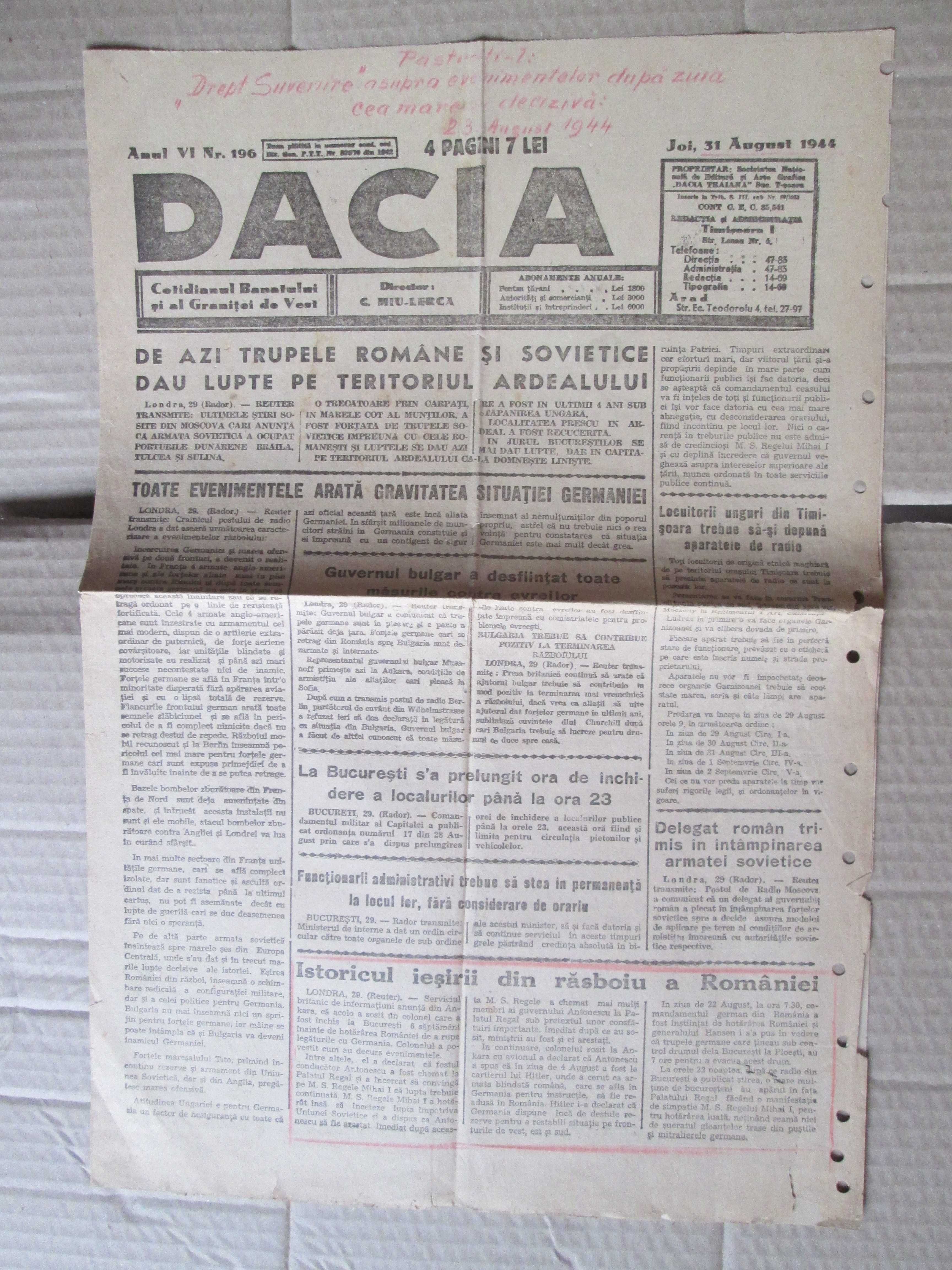 Ziar vechi din Romania. Razboi, WW2, despre 23 August 1944