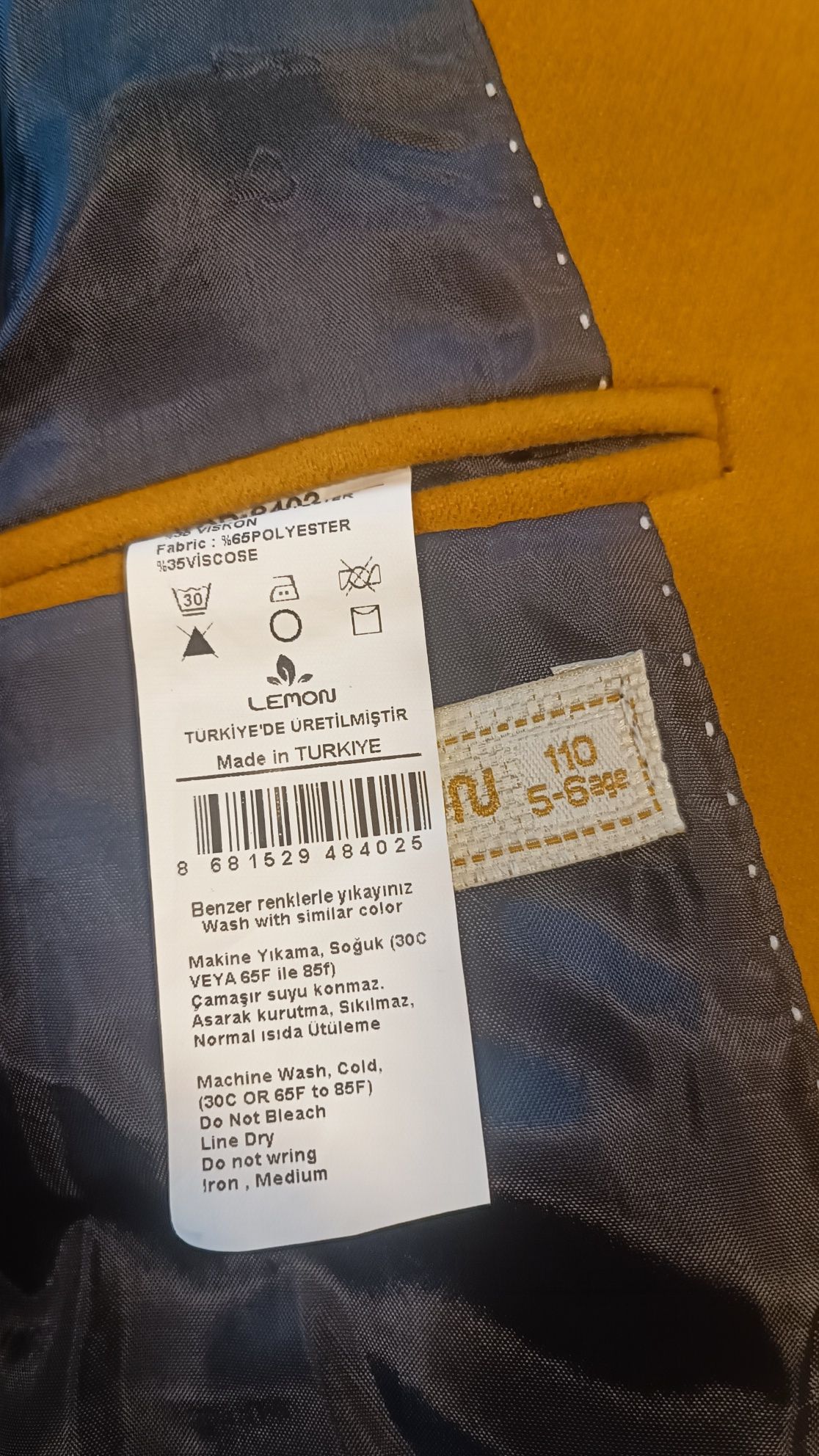 Sacou si esarfa baieti marca Lemon - Turcia 5-6 ani NOU