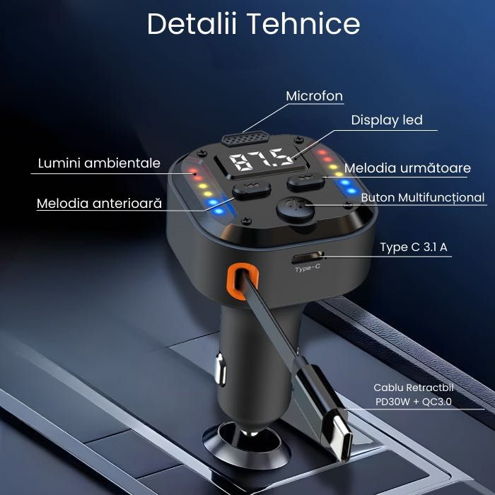 Modulator FM NETSTAT®Bricheta, BT 5.3 QC3.0 PD30W Cablu Retractabil
