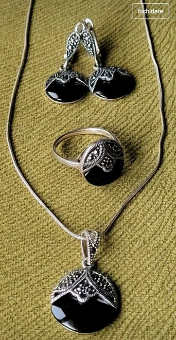 Set argint, cercei/inel si lant cu pandantiv, Onix si marcasite