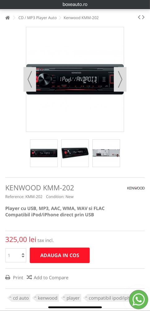 Pret fix. Player Kenwood KMM-202 radio auto cu USB si jack 3.5