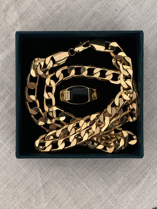 Нов мъжки ланец и пръстен сребро със 18 карата златно покритие с печат