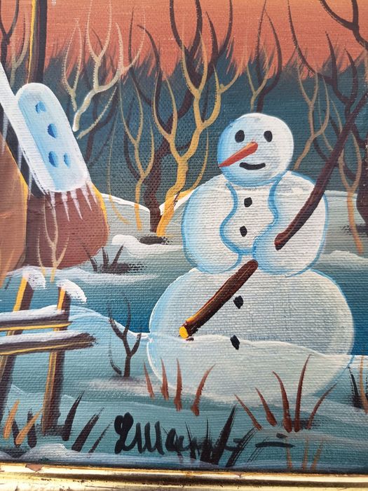 Tablou Deosebit Pictat Și Semnat Pe Pânză Peisaj De Iarna