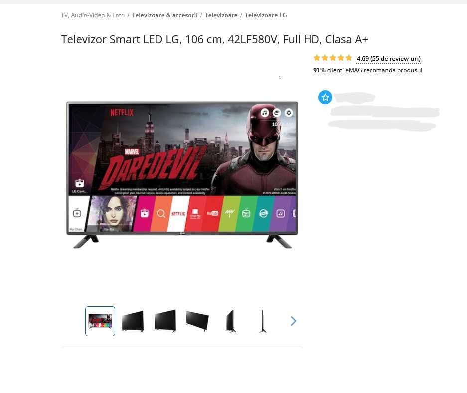 Televizor Smart LED LG, 106 cm, Full HD, Clasa A+