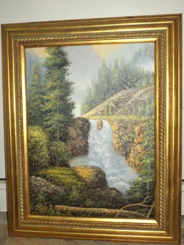 Ulei pe panza peisaj montan,cascada cu o rama din lemn foitata o lucra