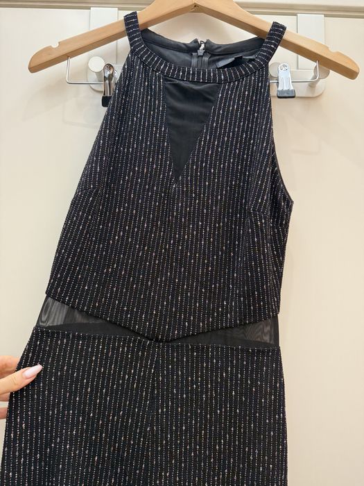 Блестящ гащеризон с прозрачни детайли и широки крачоли