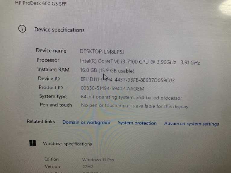 HP Prodesk 600 G3 SFF ; Intel i3 Gen 7 ; 16 GB RAM DDR 4