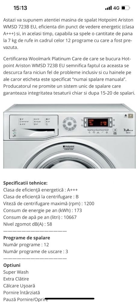 Masina spalat cuva TITAN Hotpoint Ariston Slim A+++ Drumul Taberei