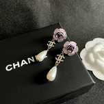 CHANEL Metal Crystal Pearl 90s Camellia CC Drop Earrings