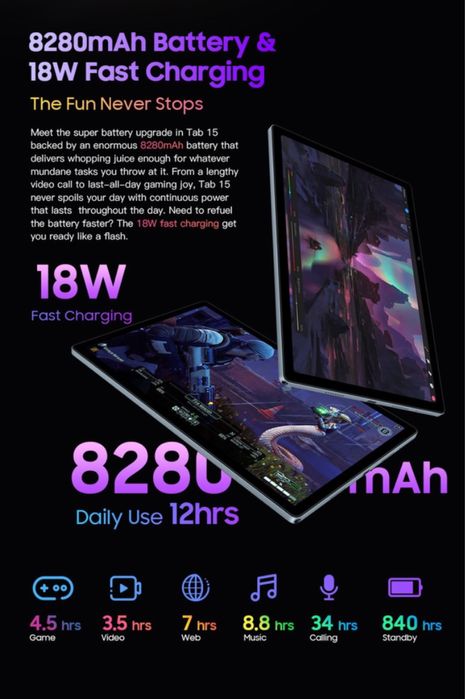 Таблет Blackview Tab 15 Space Grey, 4G, 13MP, 8280 mAh, две SIM карти