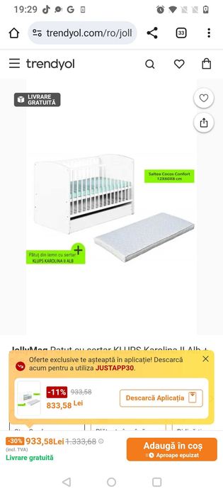 Pătuț de bebeluș alb lemn masiv