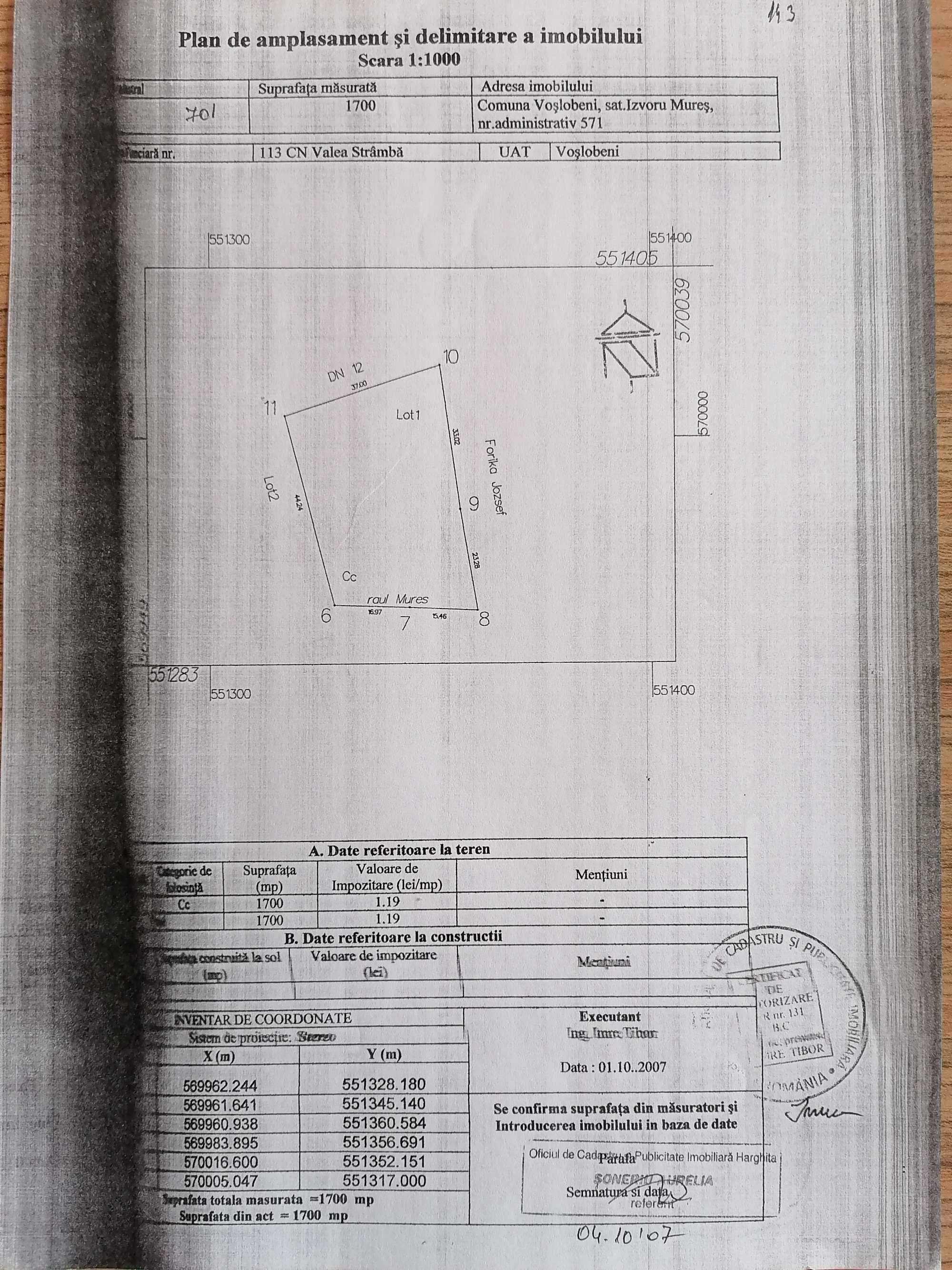 Teren Izvorul Muresului E578/DJ 12, 1700 mp, intravilan,plan, la sosea