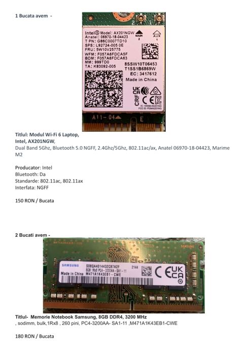 Modul Wi-Fi 6 Laptop, Intel, AX201NGW,