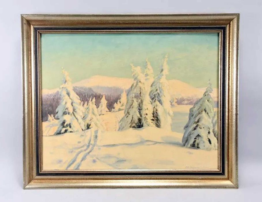 Pictura, peisaj de iarna, tehnica ulei, 49x61 / 39,5x51cm