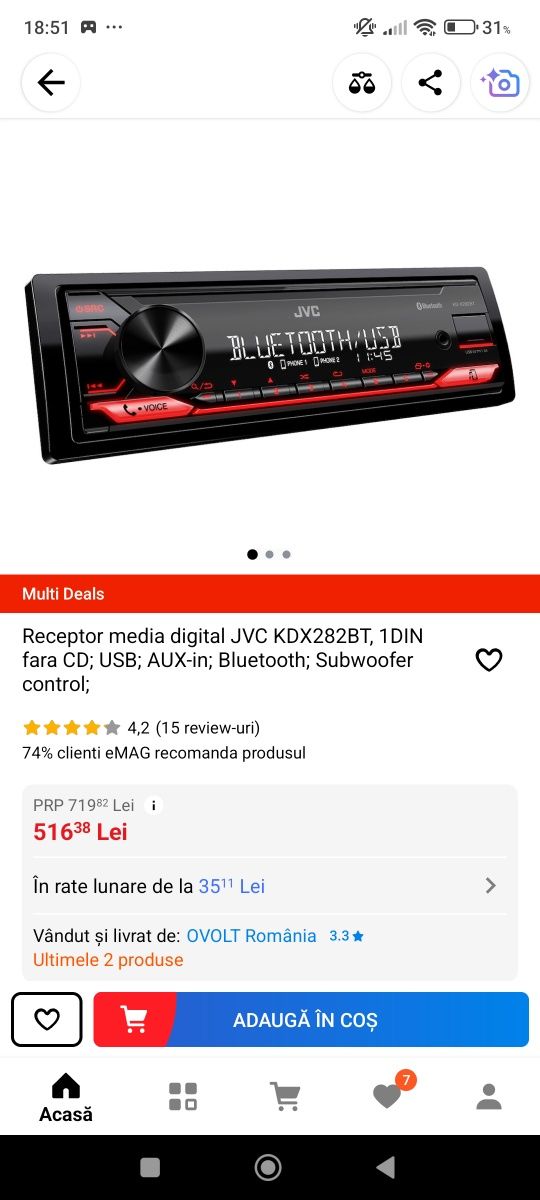 Receptor media digital JVC KDX282BT, 1DIN fara CD; USB; AUX-in; Blueto