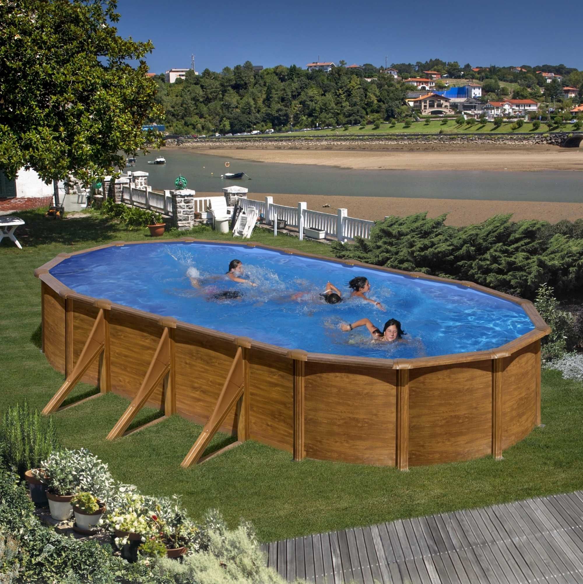 Piscina supraterana metalica imitatie lemn 7.3m x 3.75m Made in Spain